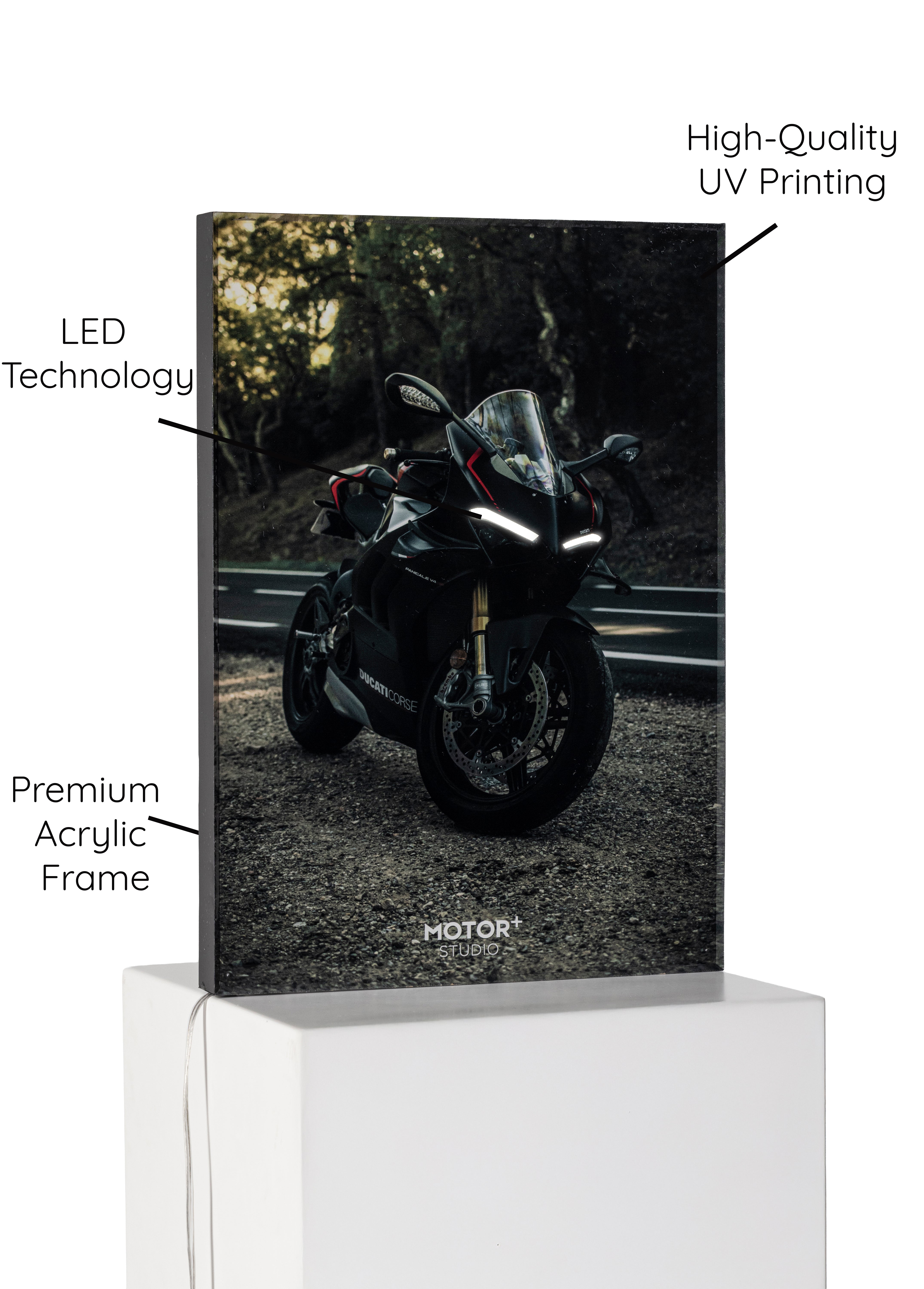 Motor+ Studio acrylic frame: UV print, LED, premium acrylic