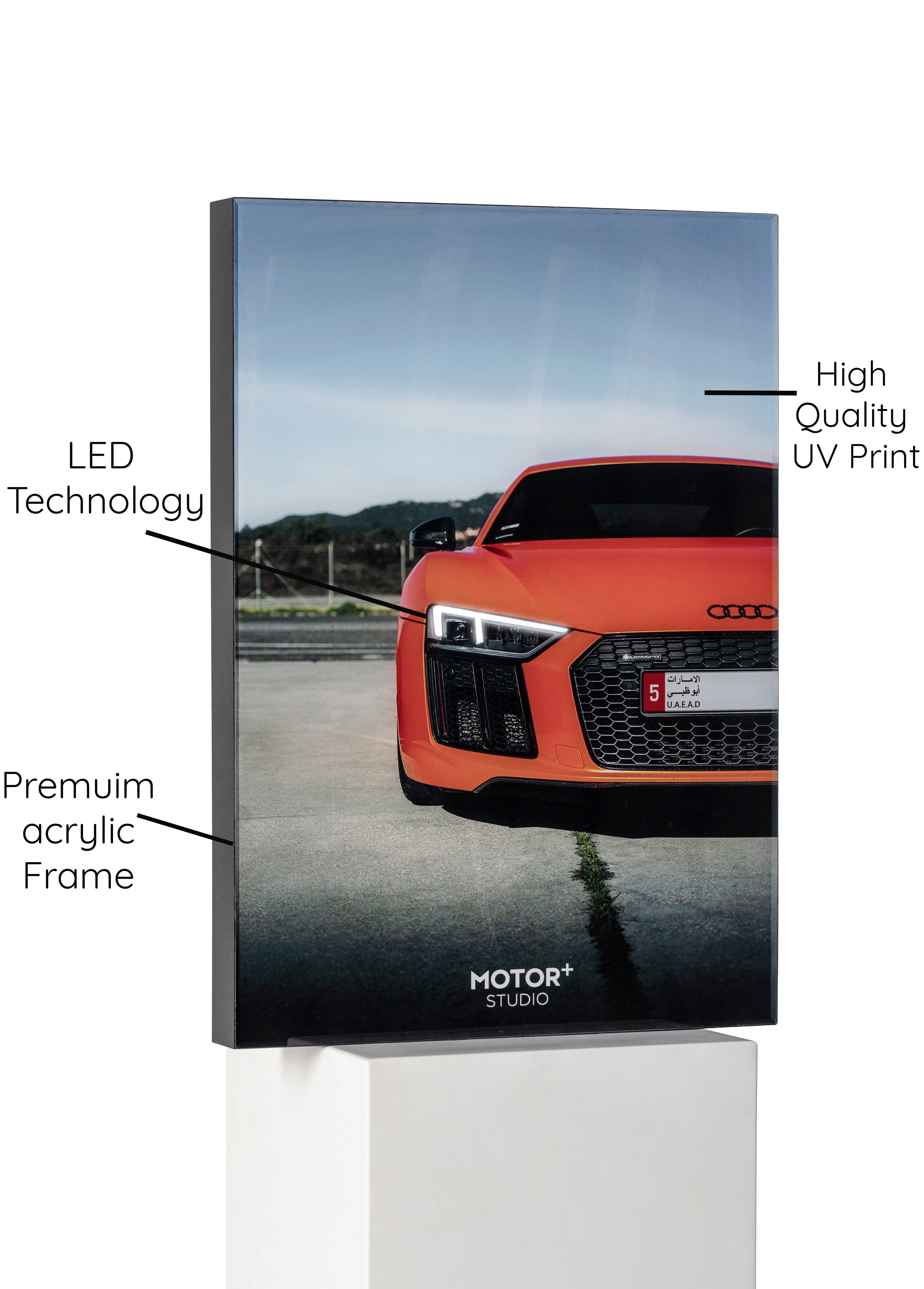 Motor+ Studio acrylic frame: UV print, LED, premium acrylic